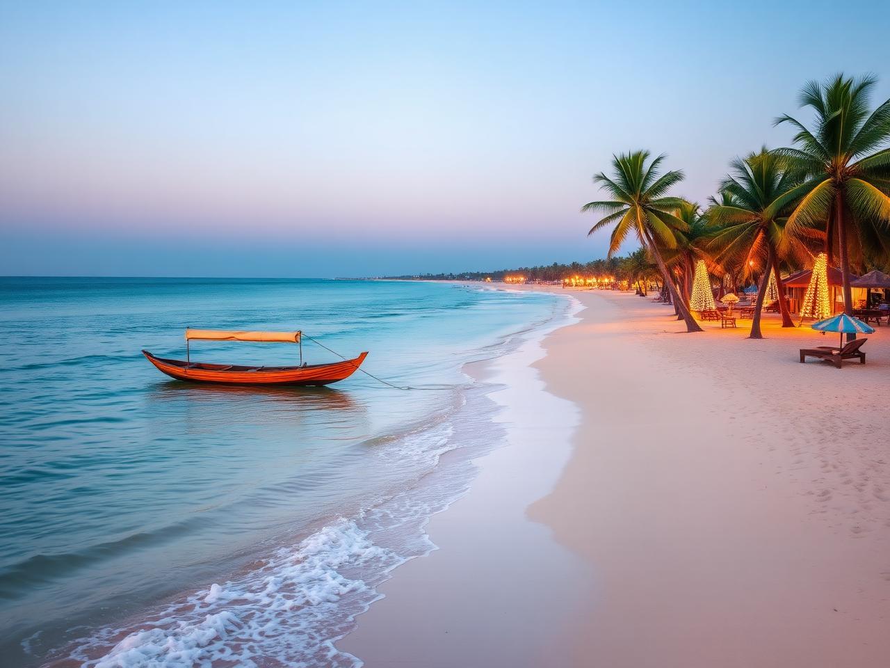 North Goa beach at golden hour with palm trees and beach shacks lit up