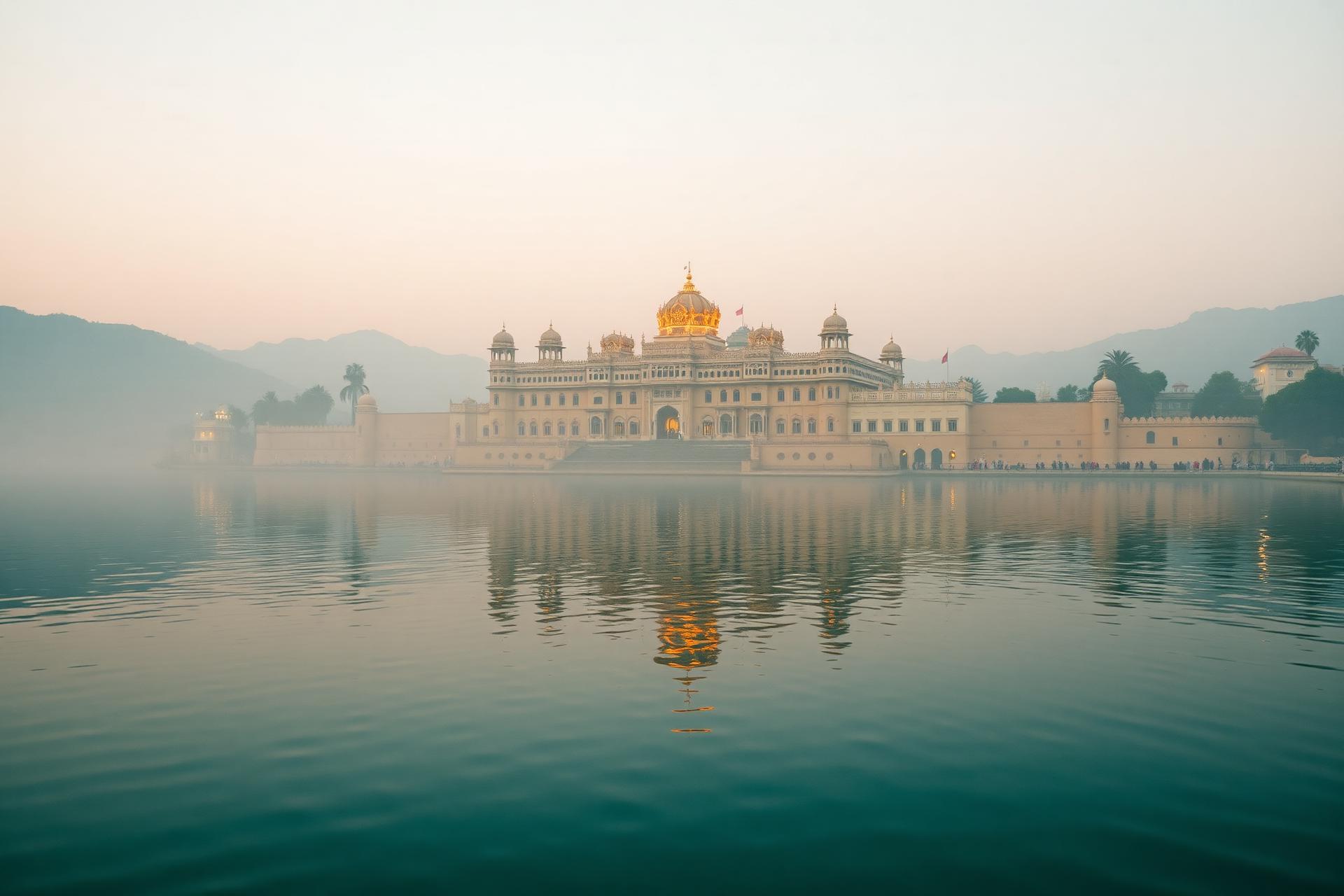 Lake Palace at Udaipur reflected on Lake Pichola at golden hour