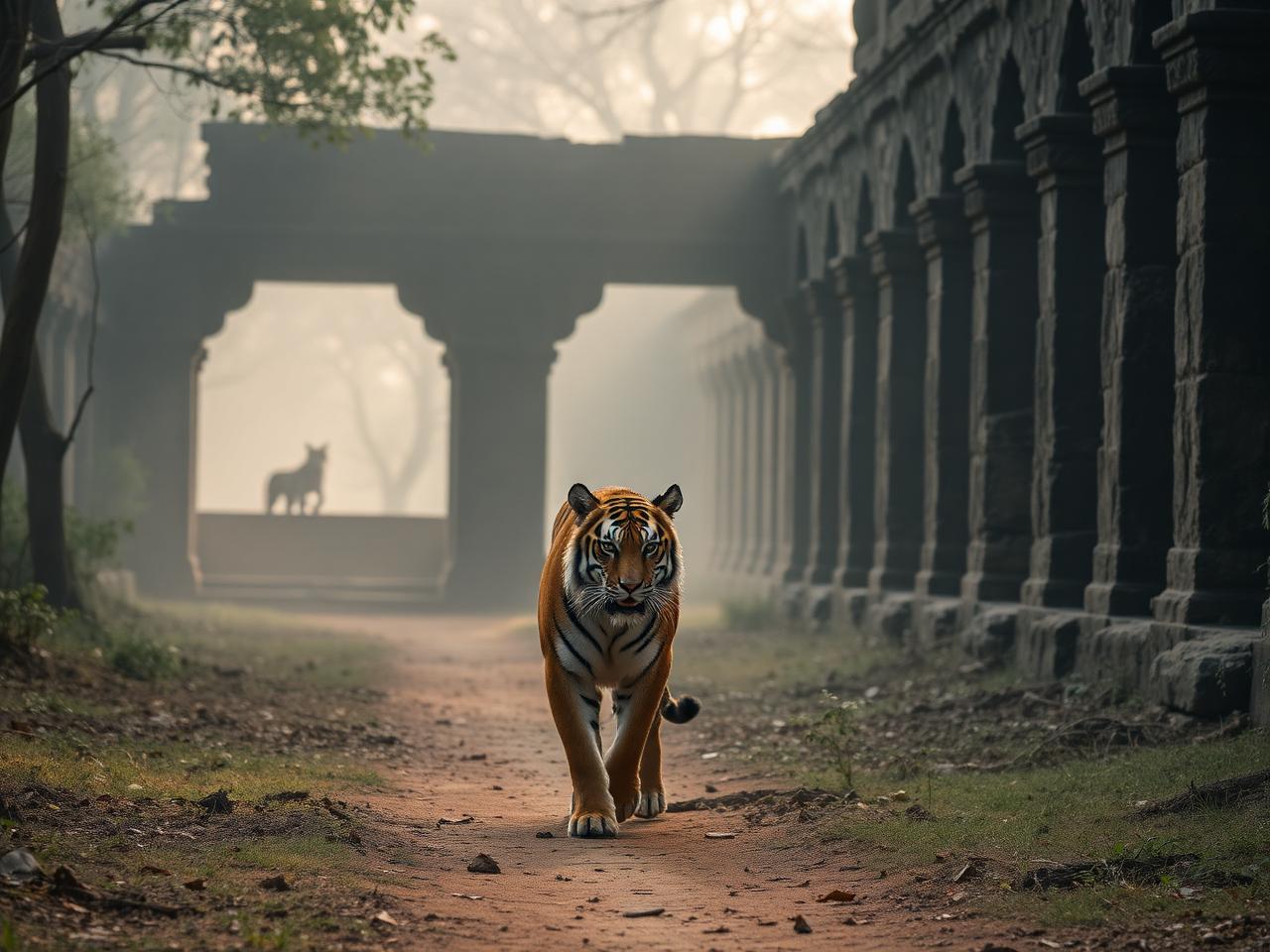 Royal Bengal tiger walking through Ranthambore's ancient stone ruins at dawn