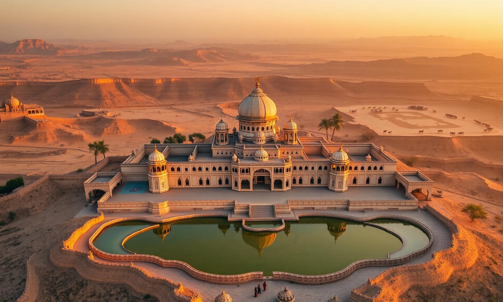 Aerial view of a Rajasthan palace at golden hour with desert dunes and camels in the distance