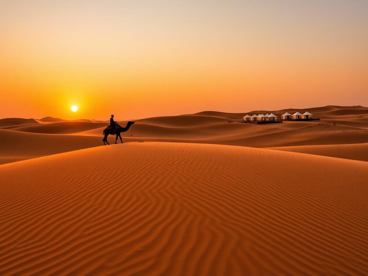 Luxury desert camp with glowing tents at Sam Dunes, Jaisalmer at sunset