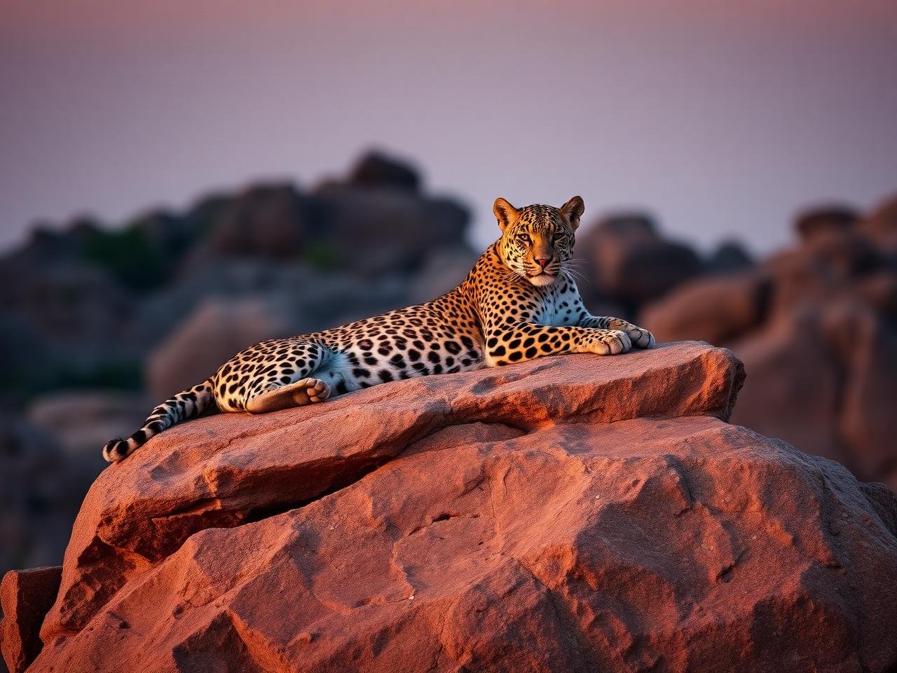 Wild leopard resting on a granite boulder in Jawai at golden hour