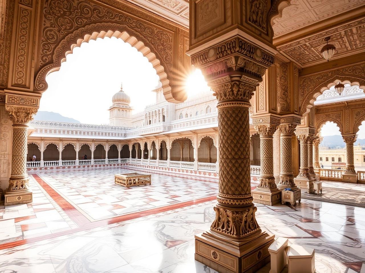 Intricately carved marble columns and arches of the City Palace, Udaipur