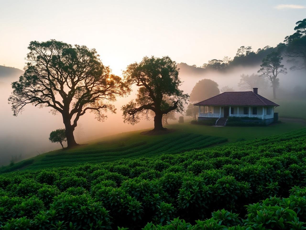 Colonial planter's bungalow beside a Coorg coffee estate at dawn