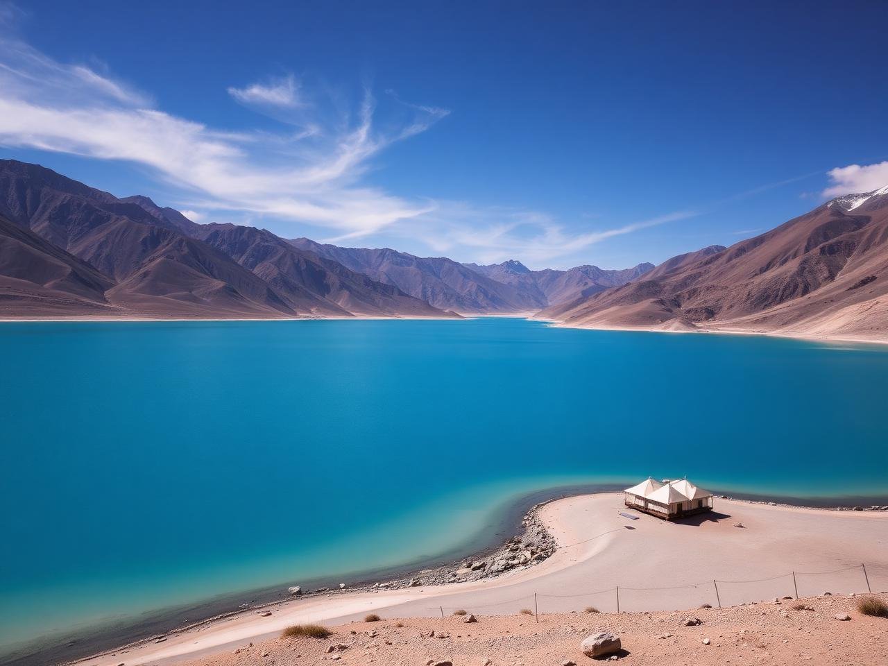 Solitary luxury tented camp on the shore of Pangong Tso, Ladakh